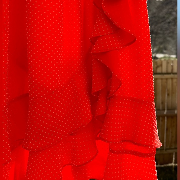 Anthropologie Sachin + Babi Coral/Orange-Red Ruffle Pindot Dress size 6 - Picture 7 of 15